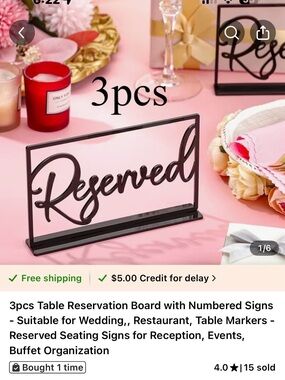 NWT Reserved Table Sign - Black Acrylic Script (3pcs)